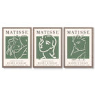 Set of 3 Matisse Abstract Faces Line Art in Green Framed Wall Art with Light Walnut Frames