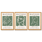 Set of 3 Matisse Abstract Faces Line Art in Green Framed Wall Art with Oak Wooden Frames