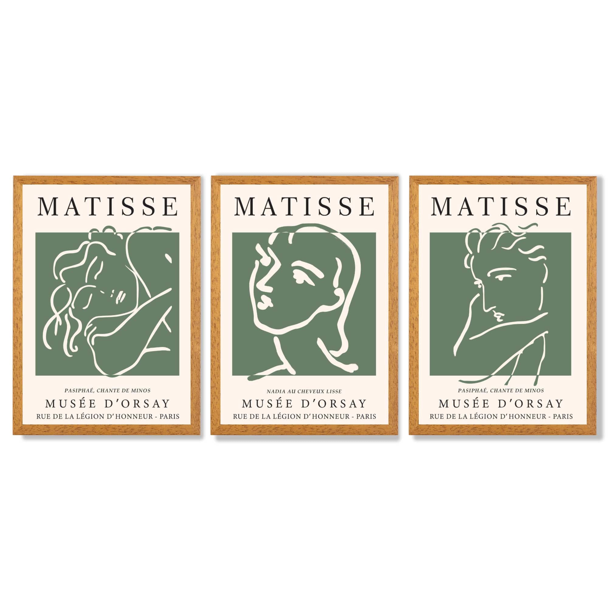 Set of 3 Matisse Abstract Faces Line Art in Green Framed Wall Art with Oak Wooden Frames