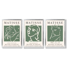 Set of 3 Matisse Abstract Faces Line Art in Green Framed Wall Art with Silver Wood Frames