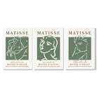 Set of 3 Matisse Abstract Faces Line Art in Green Framed Wall Art with White Wooden Frames