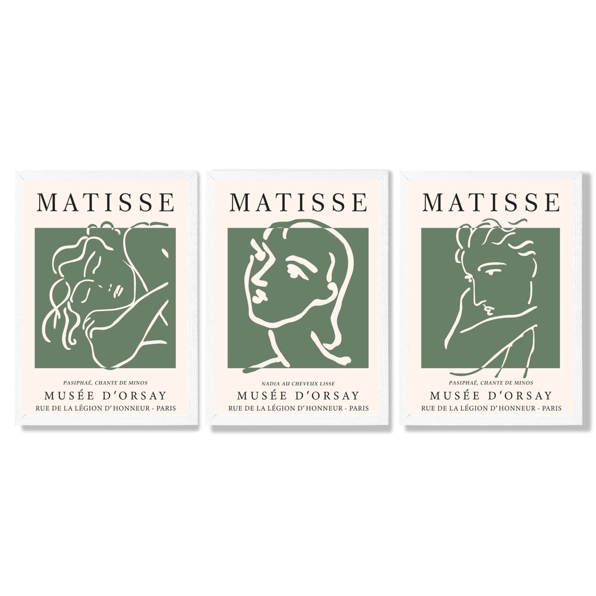 Set of 3 Matisse Abstract Faces Line Art in Green Framed Wall Art with White Wooden Frames