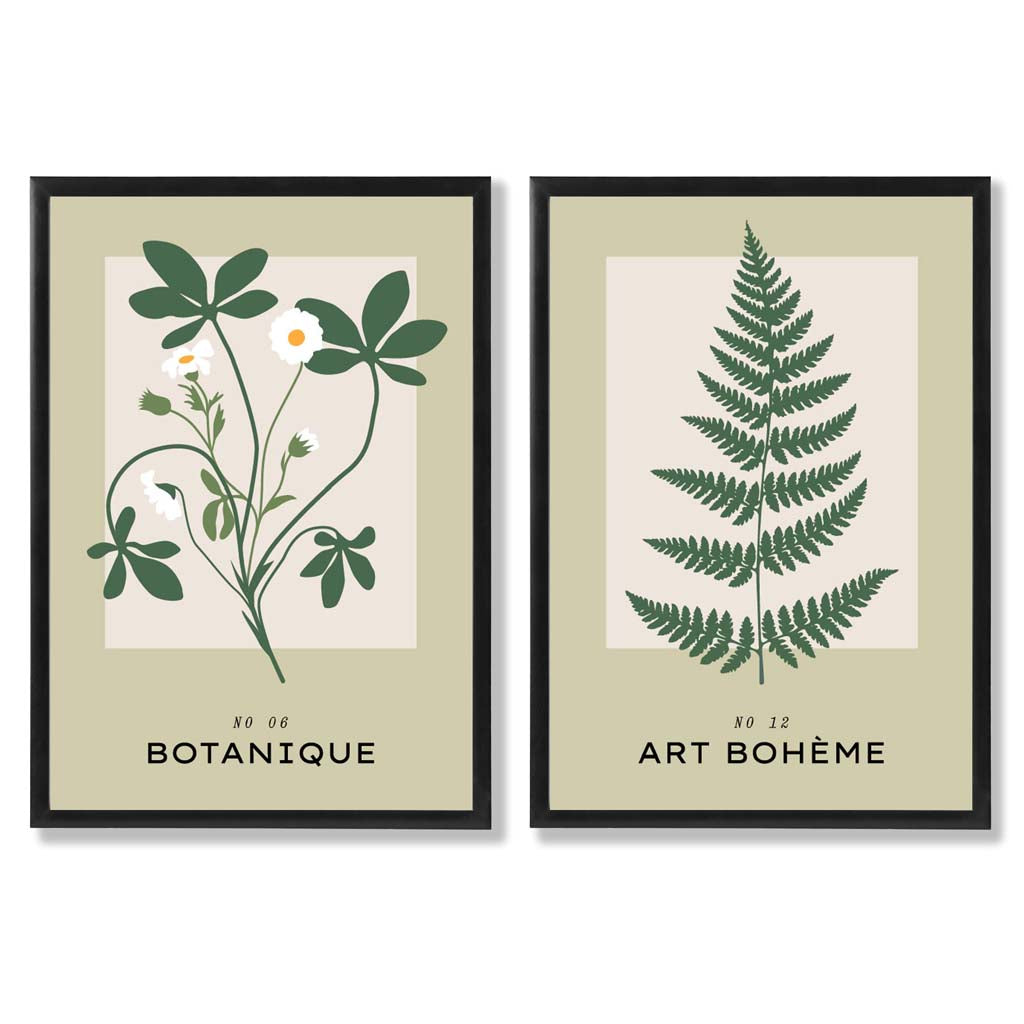 Sage Green Botanical Illustration Set of 2 Art Prints with Black Frame