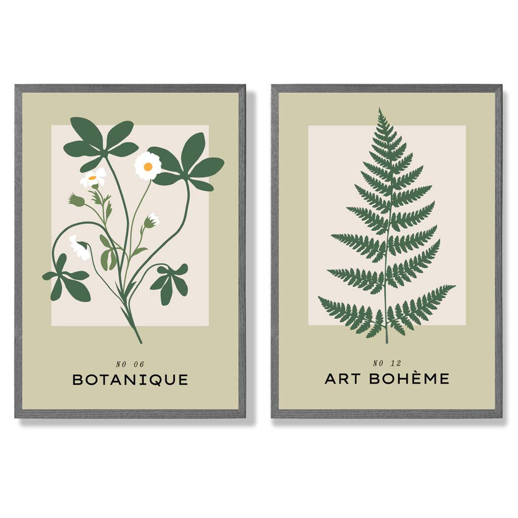Sage Green Botanical Illustration Set of 2 Art Prints with Dark Grey Frame
