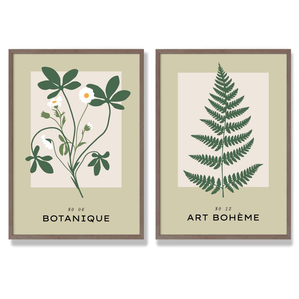 Sage Green Botanical Illustration Set of 2 Art Prints with Walnut Frame