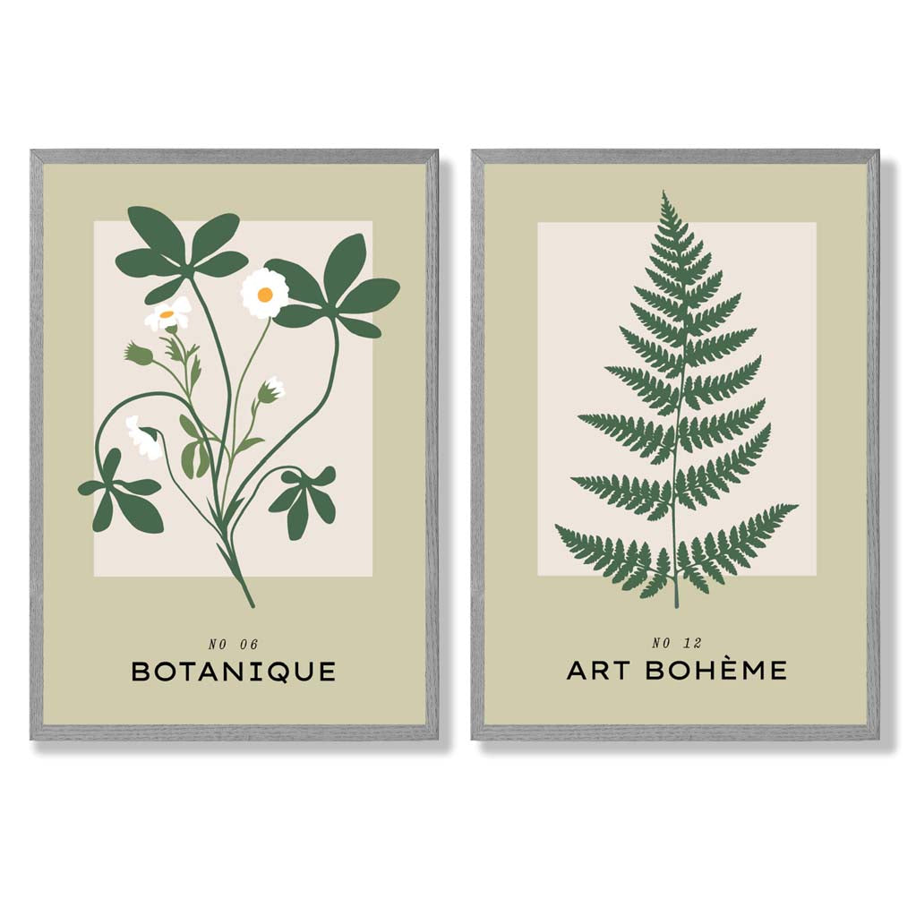 Sage Green Botanical Illustration Set of 2 Art Prints with Light Grey Frame