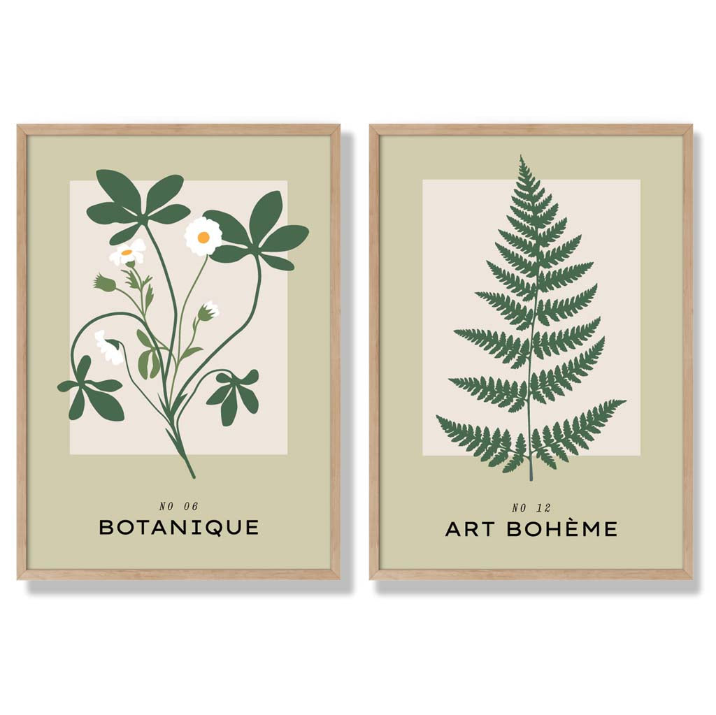 Sage Green Botanical Illustration Set of 2 Art Prints with Oak Frame