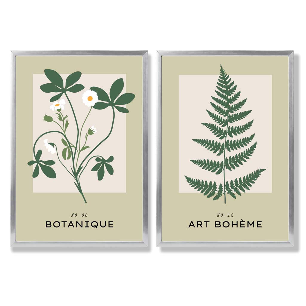 Sage Green Botanical Illustration Set of 2 Art Prints with Silver Frame