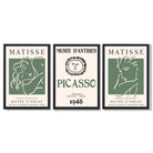 Matisse Picasso Abstract Faces Line Art Set of 3 Green Art Prints in Black Frames | Artze UK