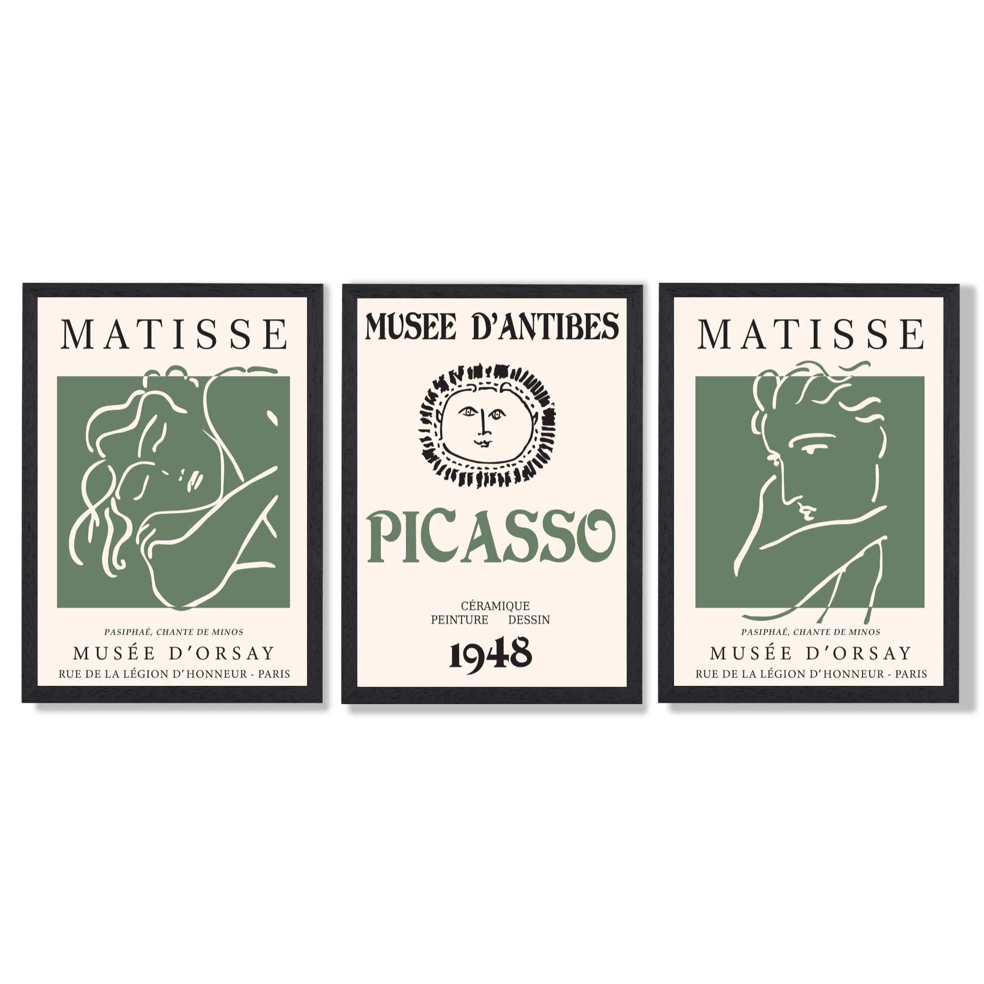 Matisse Picasso Abstract Faces Line Art Set of 3 Green Framed Wall Art with Black Wooden Frames