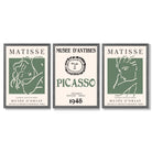Matisse Picasso Abstract Faces Line Art Set of 3 Green Framed Wall Art with Dark Grey Wooden Frames