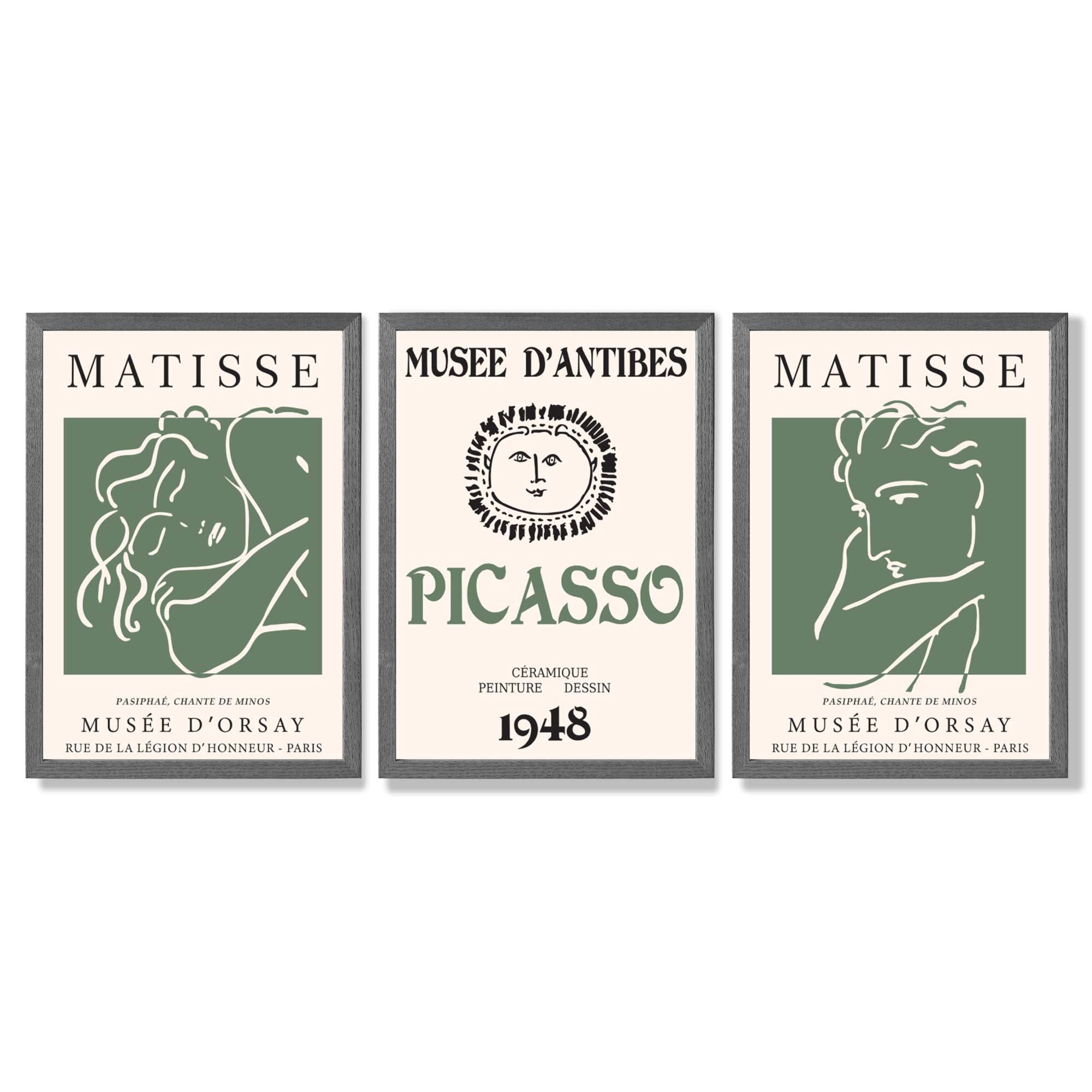 Matisse Picasso Abstract Faces Line Art Set of 3 Green Framed Wall Art with Dark Grey Wooden Frames