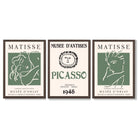 Matisse Picasso Abstract Faces Line Art Set of 3 Green Framed Wall Art with Dark Wood Frames