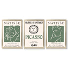 Matisse Picasso Abstract Faces Line Art Set of 3 Green Framed Wall Art with Gold Wood Frames