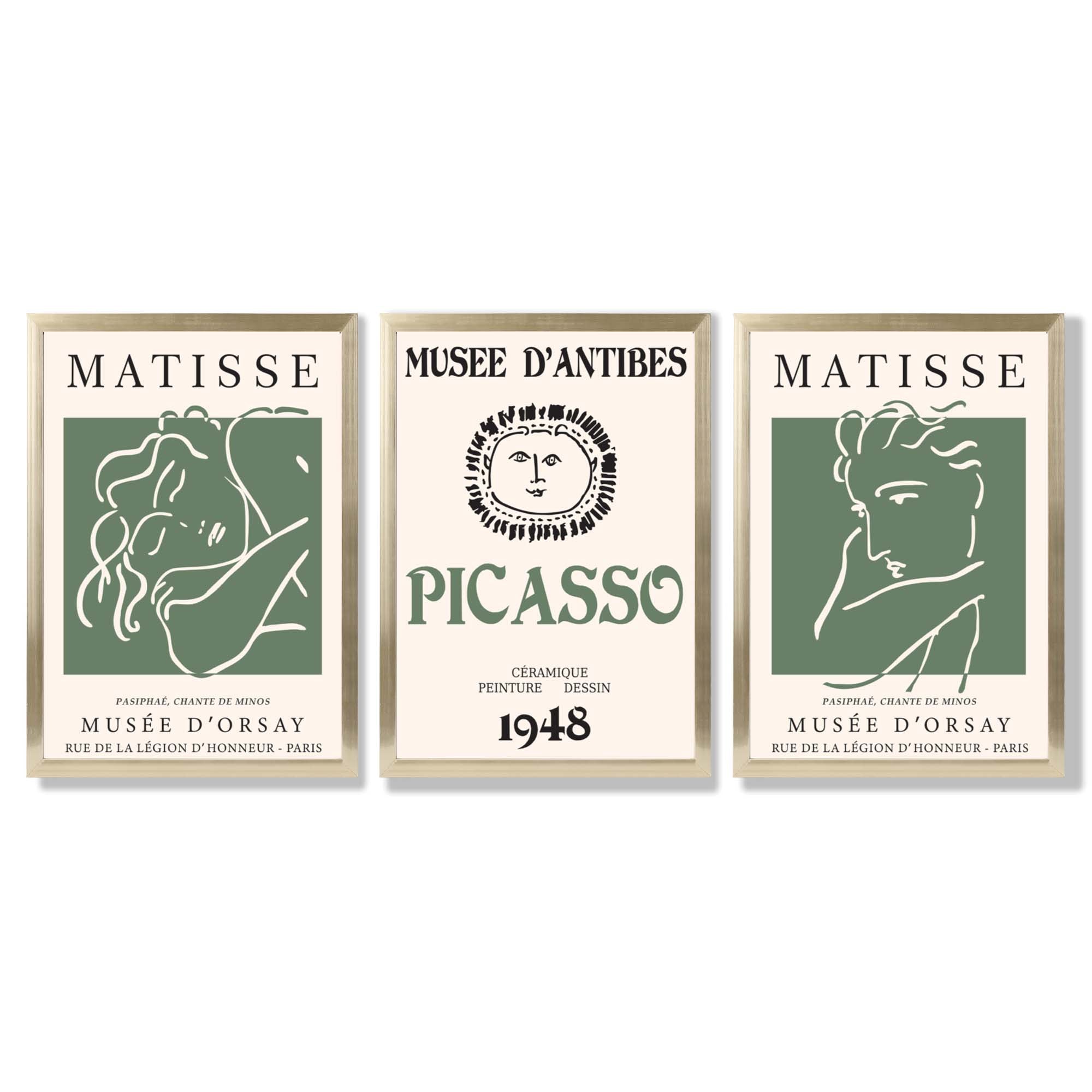 Matisse Picasso Abstract Faces Line Art Set of 3 Green Framed Wall Art with Gold Wood Frames