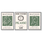 Matisse Picasso Abstract Faces Line Art Set of 3 Green Framed Wall Art with Light Grey Wooden Frames