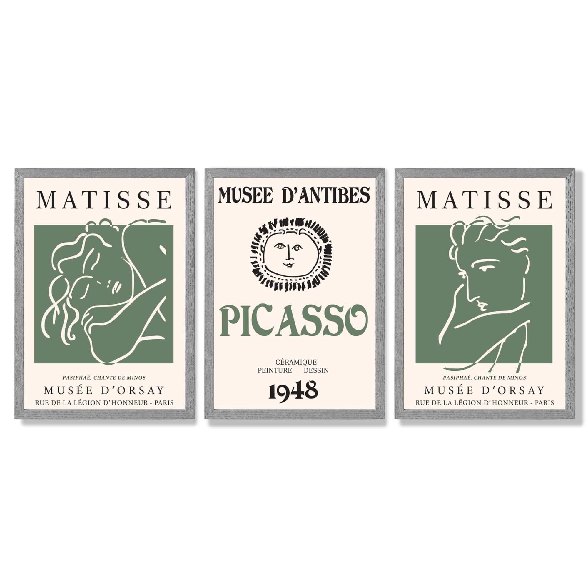 Matisse Picasso Abstract Faces Line Art Set of 3 Green Framed Wall Art with Light Grey Wooden Frames