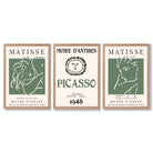 Matisse Picasso Abstract Faces Line Art Set of 3 Green Framed Wall Art with Light Oak Frames