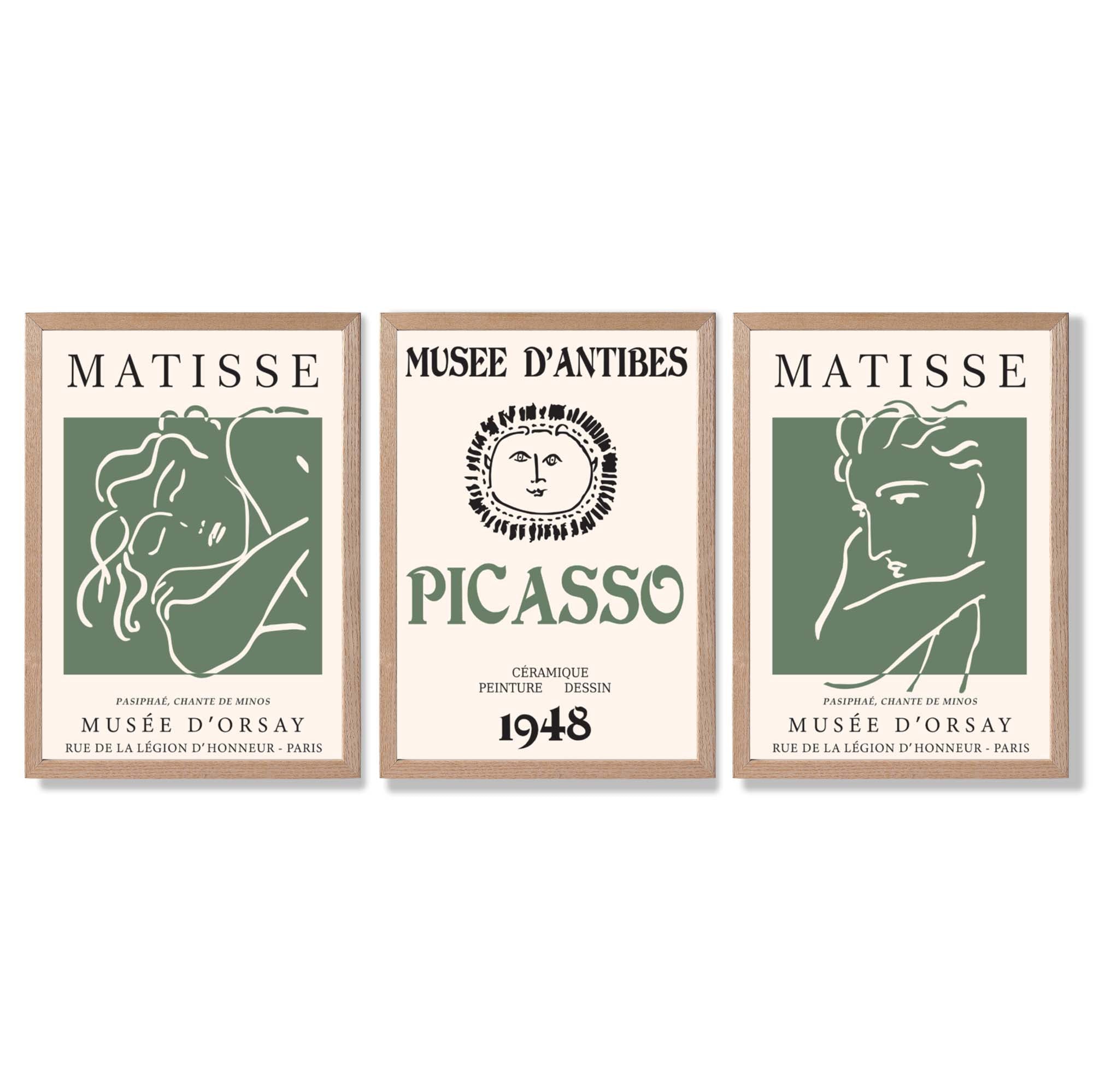 Matisse Picasso Abstract Faces Line Art Set of 3 Green Framed Wall Art with Light Oak Frames