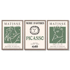 Matisse Picasso Abstract Faces Line Art Set of 3 Green Framed Wall Art with Light Walnut Frames