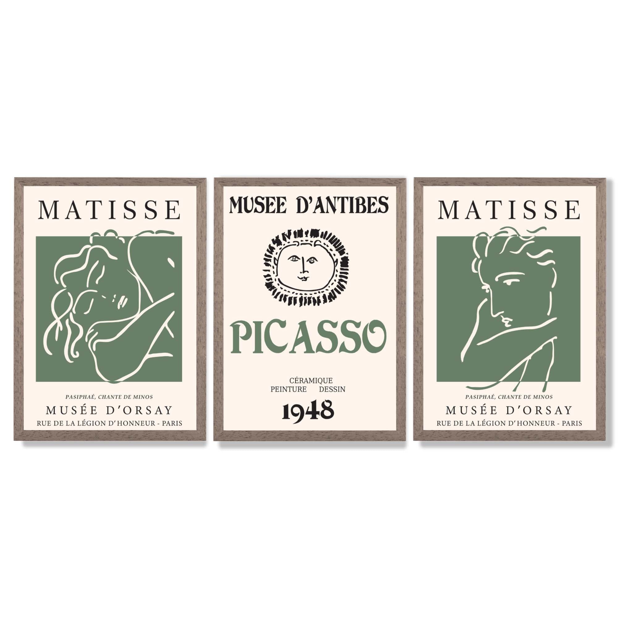 Matisse Picasso Abstract Faces Line Art Set of 3 Green Framed Wall Art with Light Walnut Frames