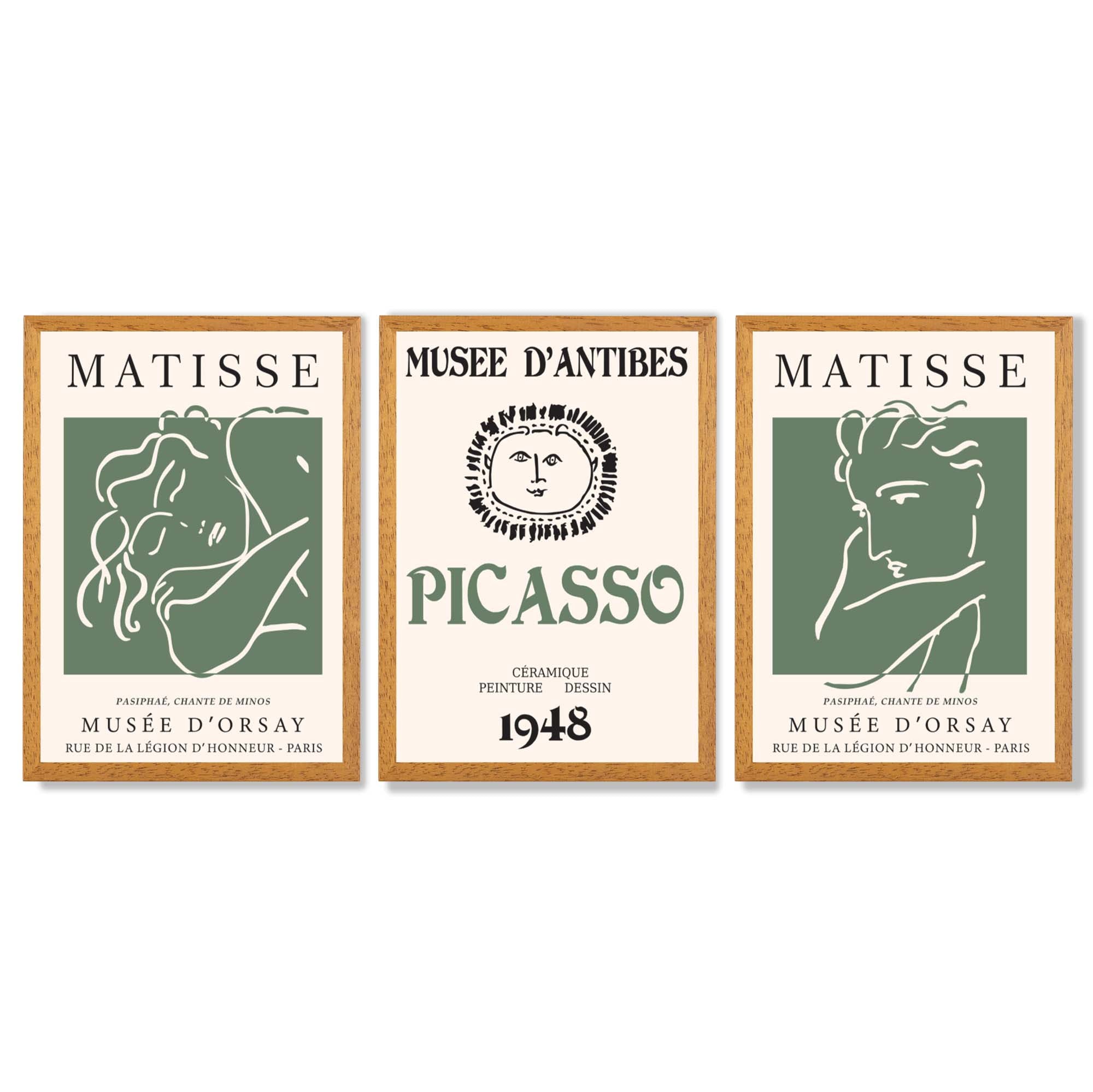 Matisse Picasso Abstract Faces Line Art Set of 3 Green Framed Wall Art with Oak Wooden Frames
