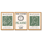 Matisse Picasso Abstract Faces Line Art Set of 3 Green Framed Wall Art with Oak Wooden Frames