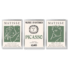 Matisse Picasso Abstract Faces Line Art Set of 3 Green Framed Wall Art with Silver Wood Frames