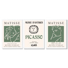 Matisse Picasso Abstract Faces Line Art Set of 3 Green Framed Wall Art with White Wooden Frames