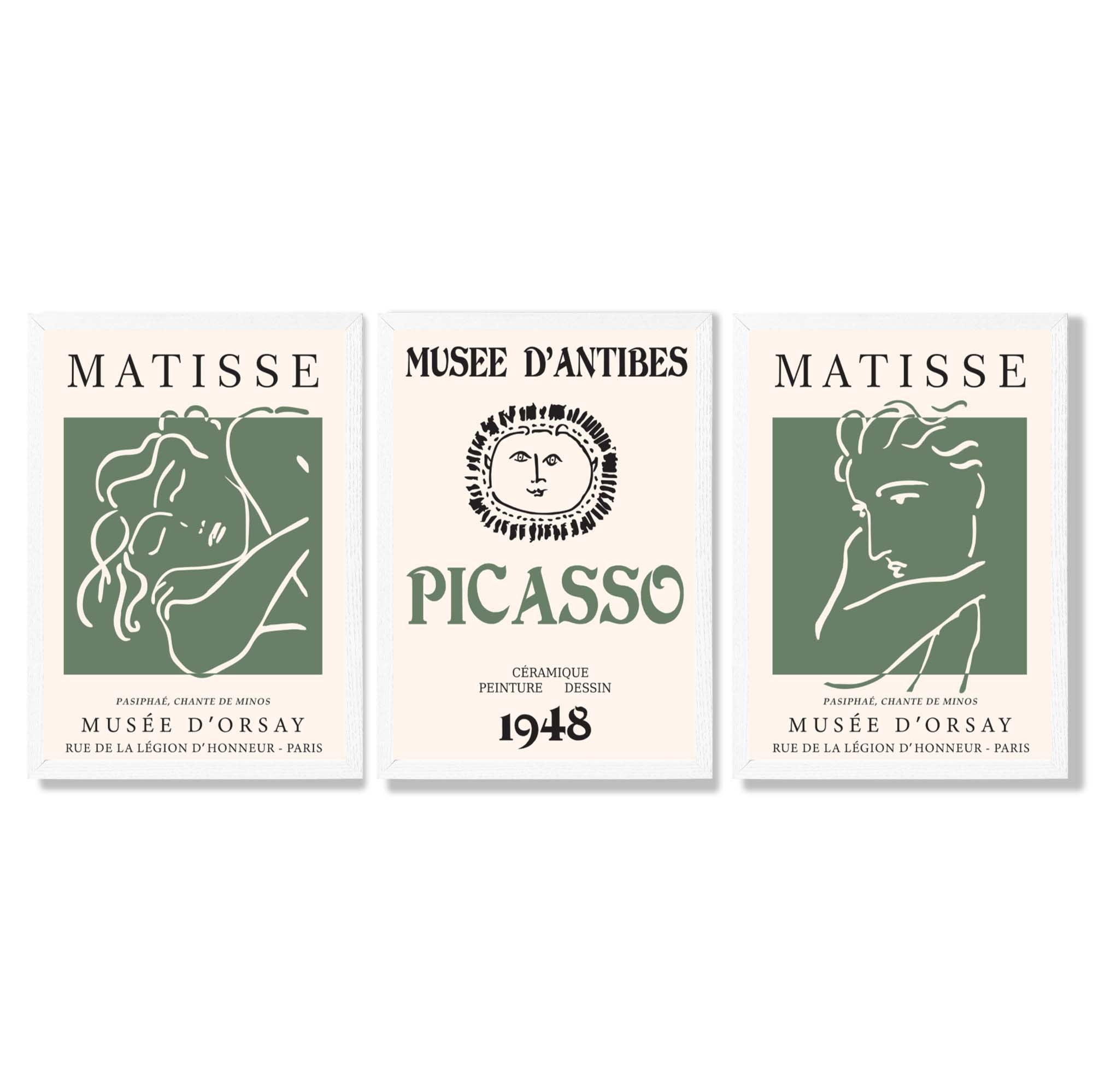 Matisse Picasso Abstract Faces Line Art Set of 3 Green Framed Wall Art with White Wooden Frames