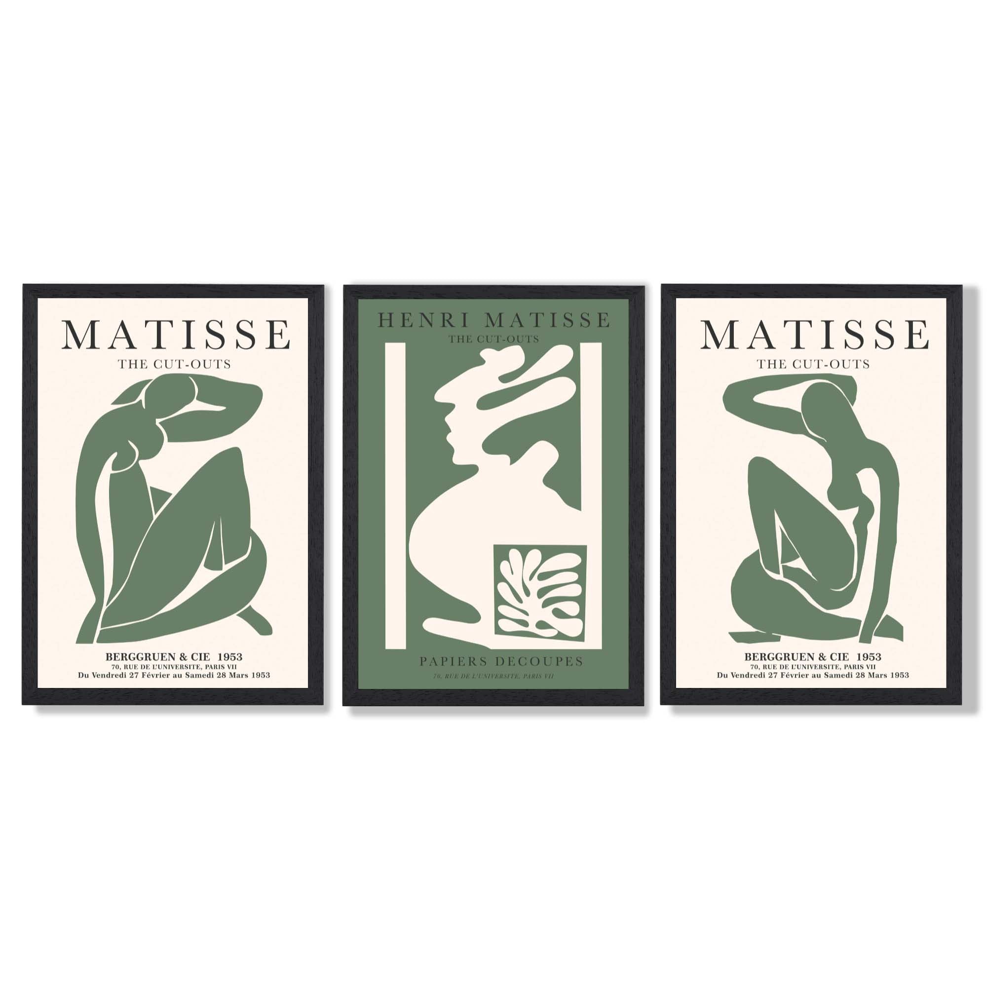 Matisse Abstract Silhouette Set of 3 Green Art Prints in Black Frames | Artze UK