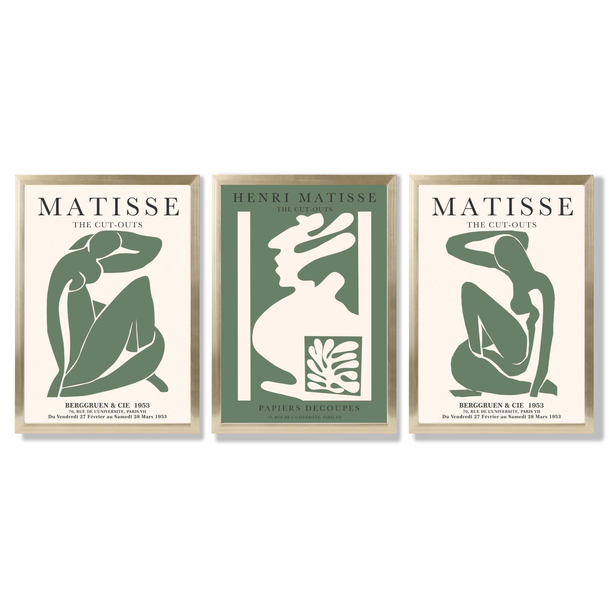 Matisse Abstract Silhouette Set of 3 Green Framed Wall Art with Gold Wood Frames