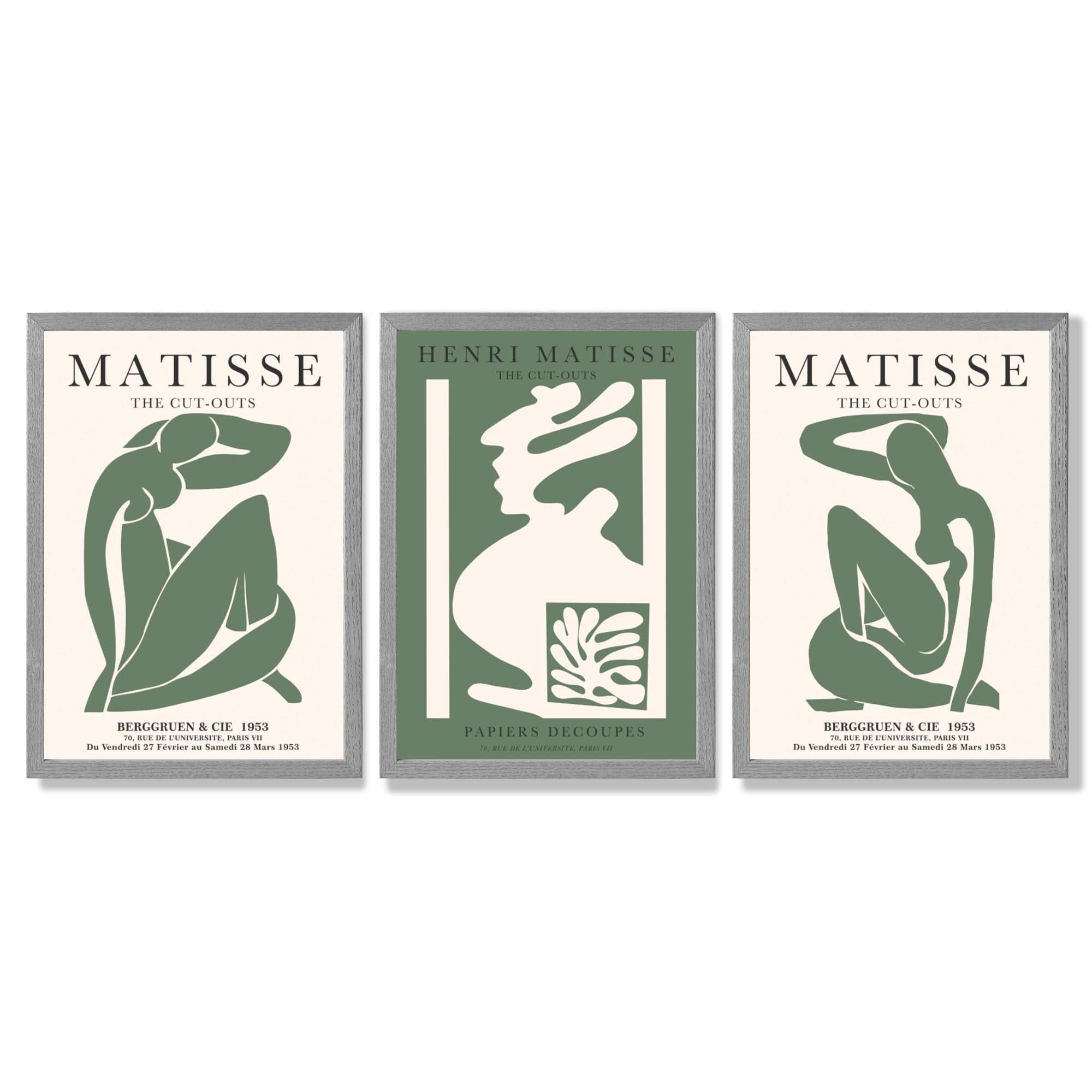 Matisse Abstract Silhouette Set of 3 Green Framed Wall Art with Light Grey Wooden Frames