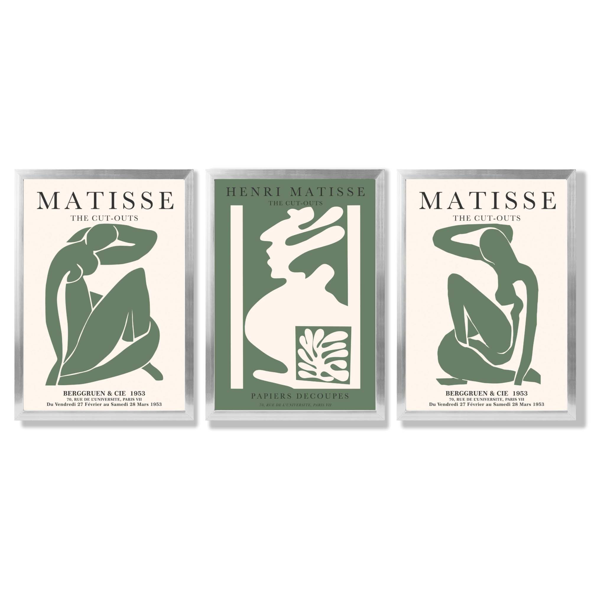 Matisse Abstract Silhouette Set of 3 Green Framed Wall Art with Silver Wood Frames