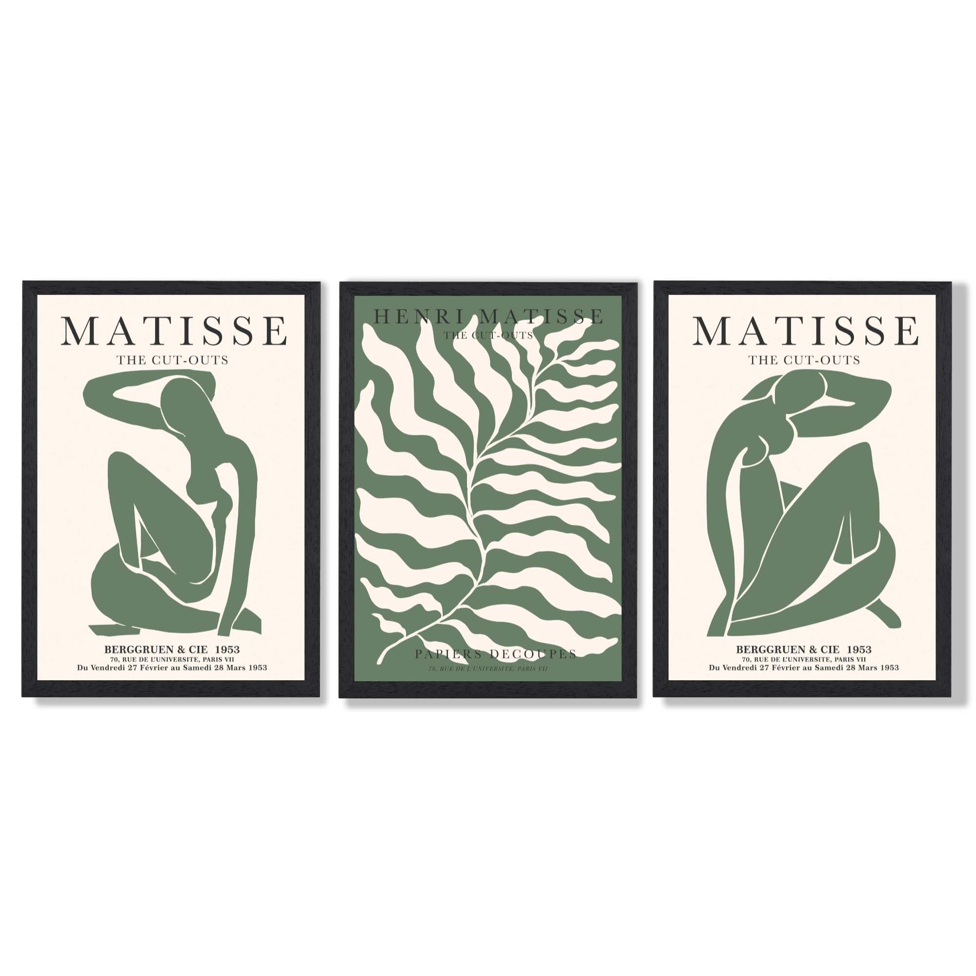 Matisse Female Silhouette and Botanical Set of 3 Green Art Prints in Black Frames | Artze UK