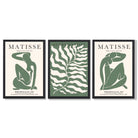 Matisse Female Silhouette and Botanical Set of 3 Green Framed Wall Art with Black Wooden Frames