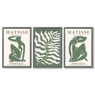 Matisse Female Silhouette and Botanical Set of 3 Green Framed Wall Art with Dark Grey Wooden Frames