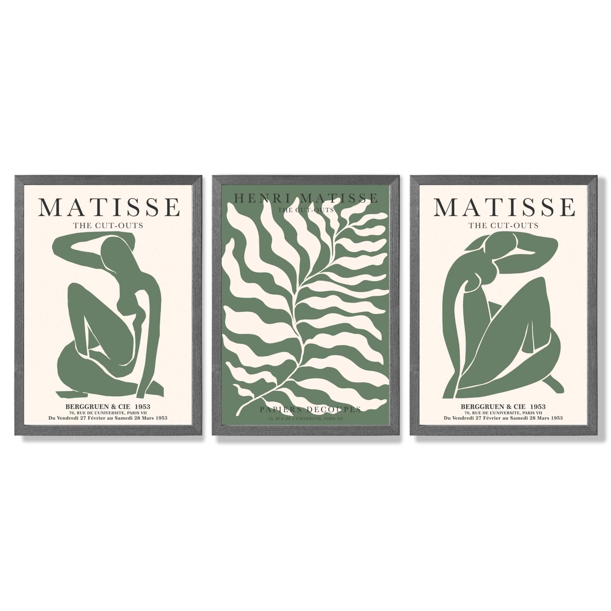 Matisse Female Silhouette and Botanical Set of 3 Green Framed Wall Art with Dark Grey Wooden Frames
