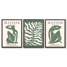 Matisse Female Silhouette and Botanical Set of 3 Green Framed Wall Art with Dark Wood Frames