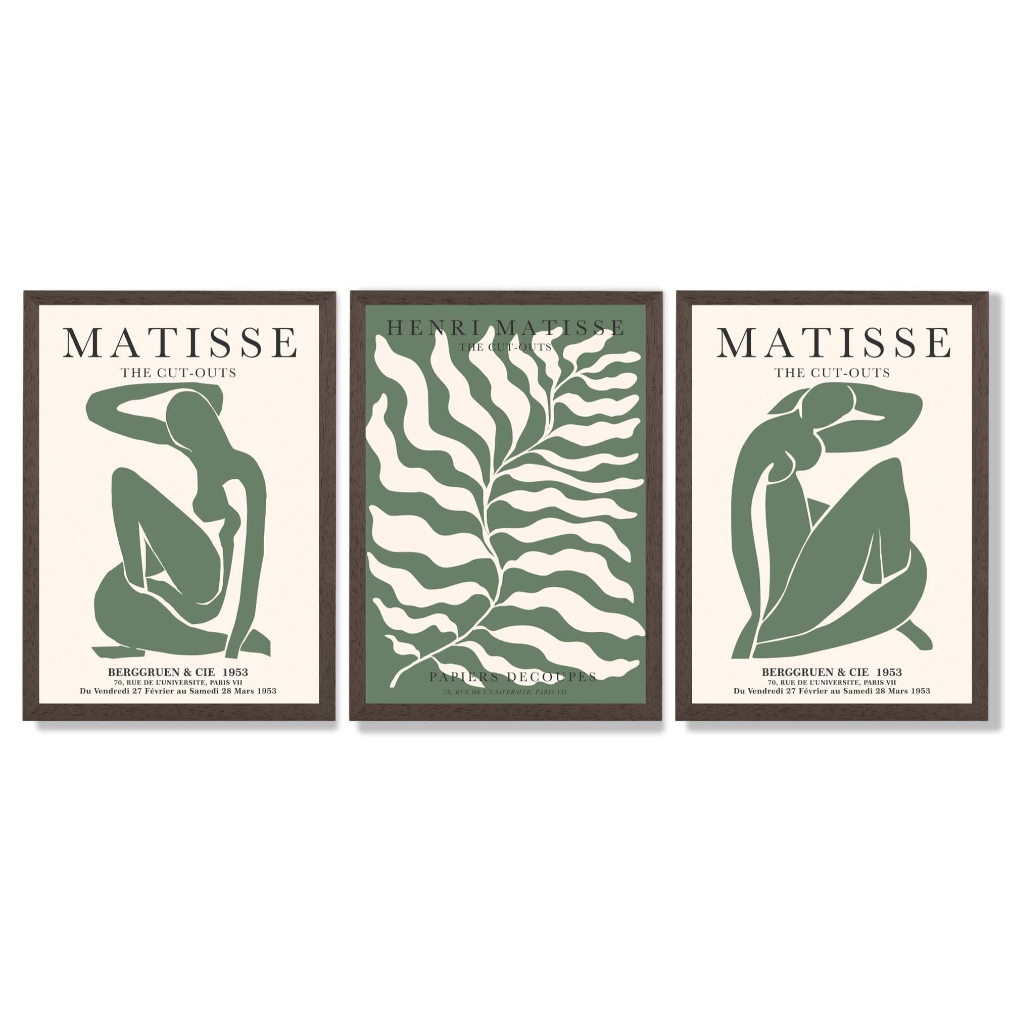 Matisse Female Silhouette and Botanical Set of 3 Green Framed Wall Art with Dark Wood Frames