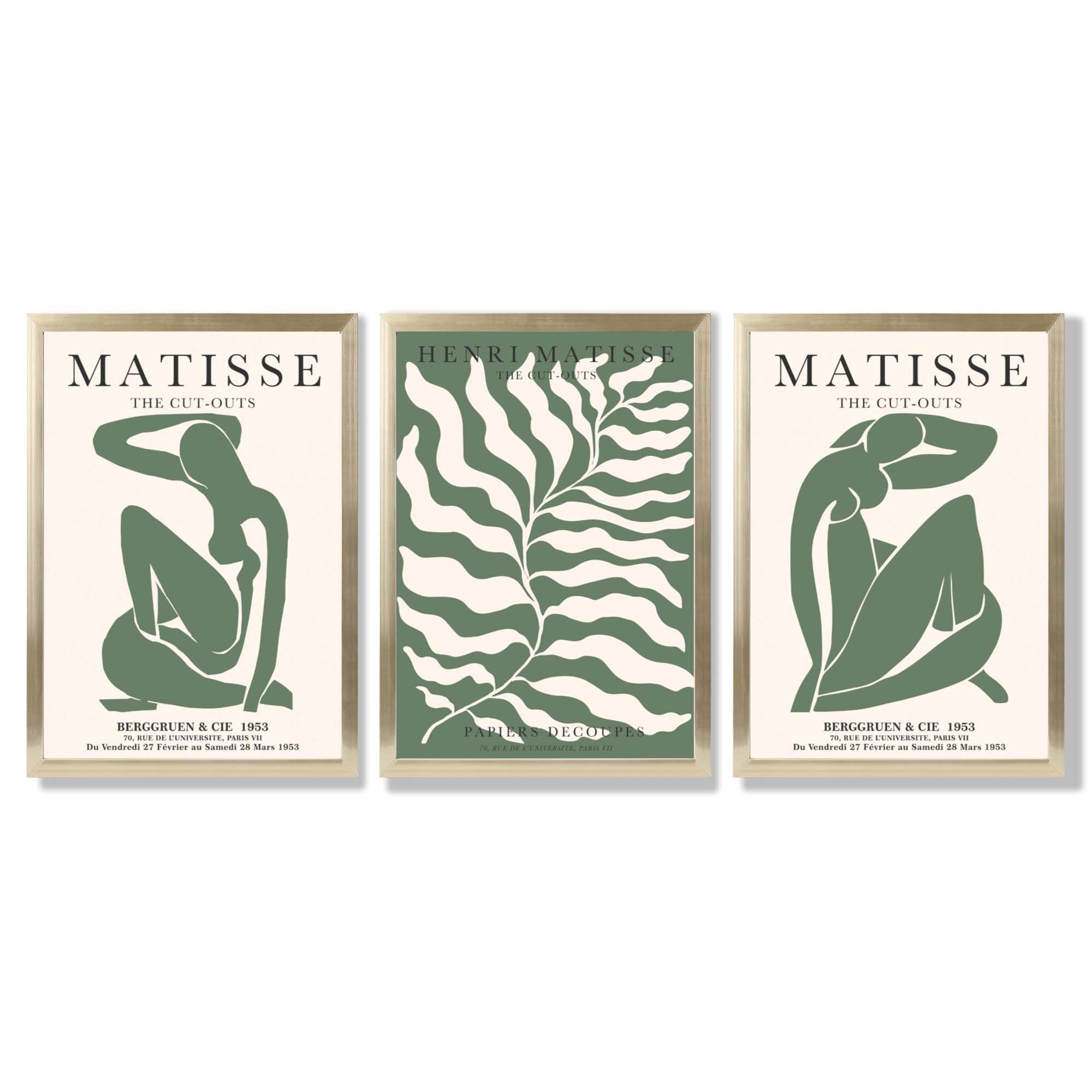 Matisse Female Silhouette and Botanical Set of 3 Green Framed Wall Art with Gold Wood Frames