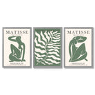 Matisse Female Silhouette and Botanical Set of 3 Green Framed Wall Art with Light Grey Wooden Frames