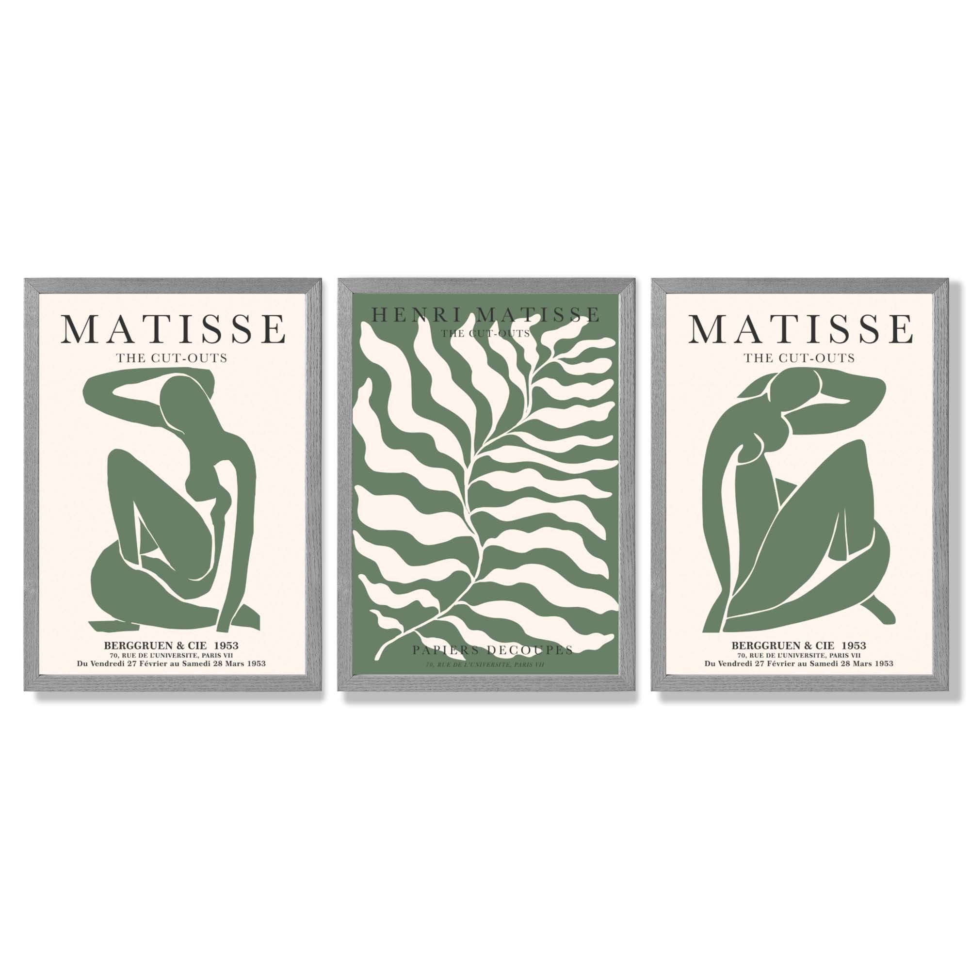 Matisse Female Silhouette and Botanical Set of 3 Green Framed Wall Art with Light Grey Wooden Frames