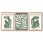 Matisse Female Silhouette and Botanical Set of 3 Green Framed Wall Art with Light Oak Frames