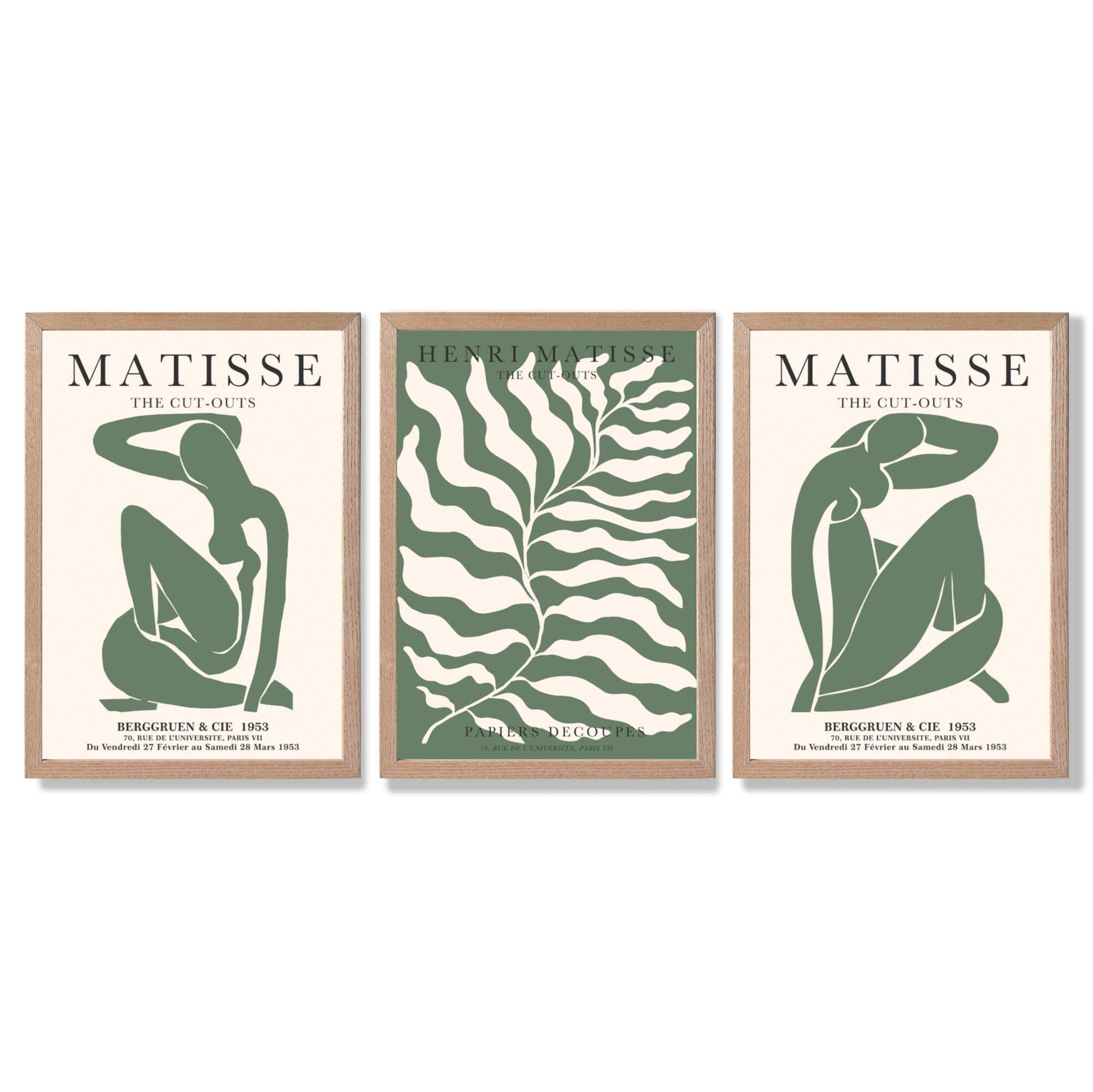 Matisse Female Silhouette and Botanical Set of 3 Green Framed Wall Art with Light Oak Frames