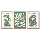 Matisse Female Silhouette and Botanical Set of 3 Green Framed Wall Art with Light Walnut Frames