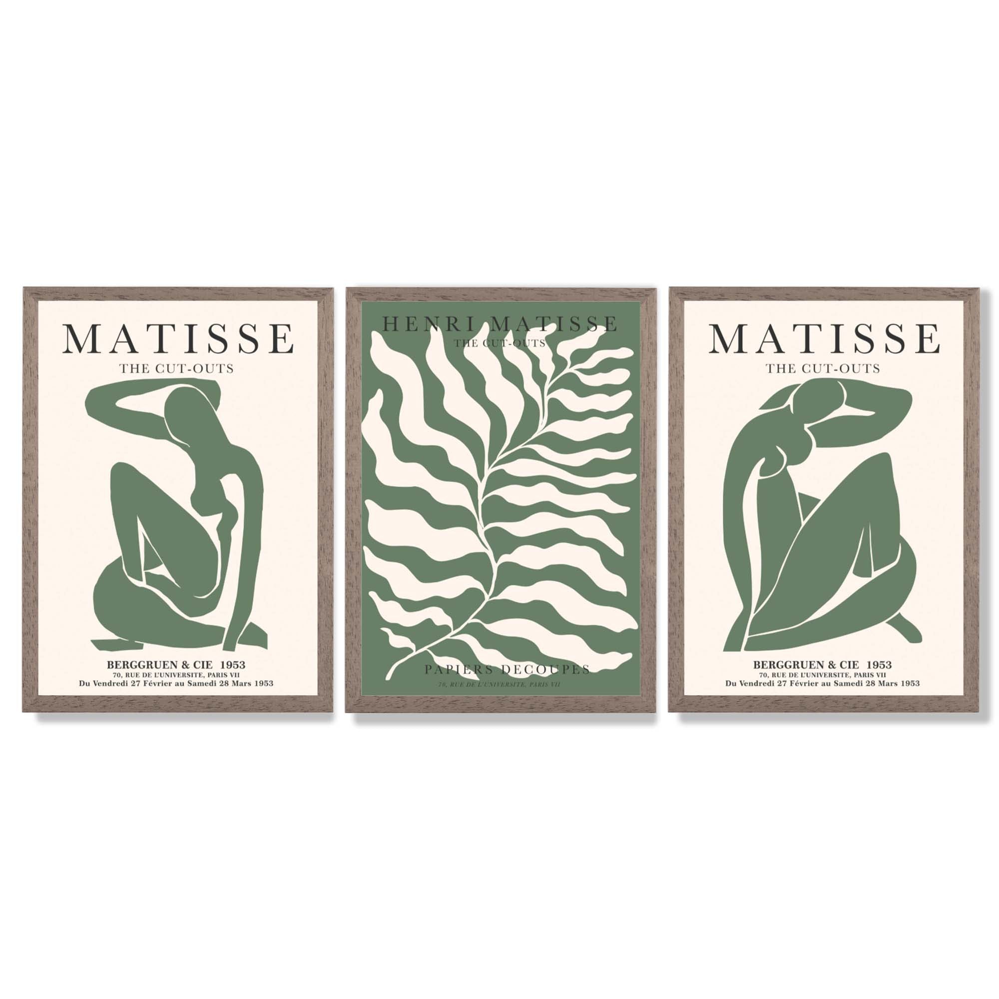 Matisse Female Silhouette and Botanical Set of 3 Green Framed Wall Art with Light Walnut Frames