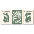 Matisse Female Silhouette and Botanical Set of 3 Green Framed Wall Art with Oak Wooden Frames