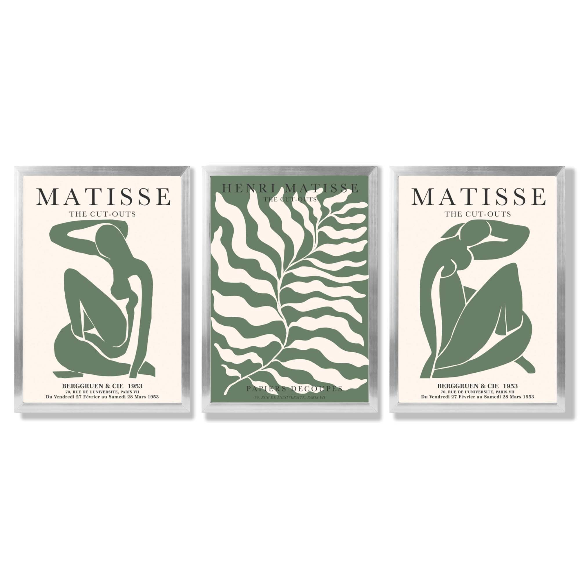 Matisse Female Silhouette and Botanical Set of 3 Green Framed Wall Art with Silver Wood Frames
