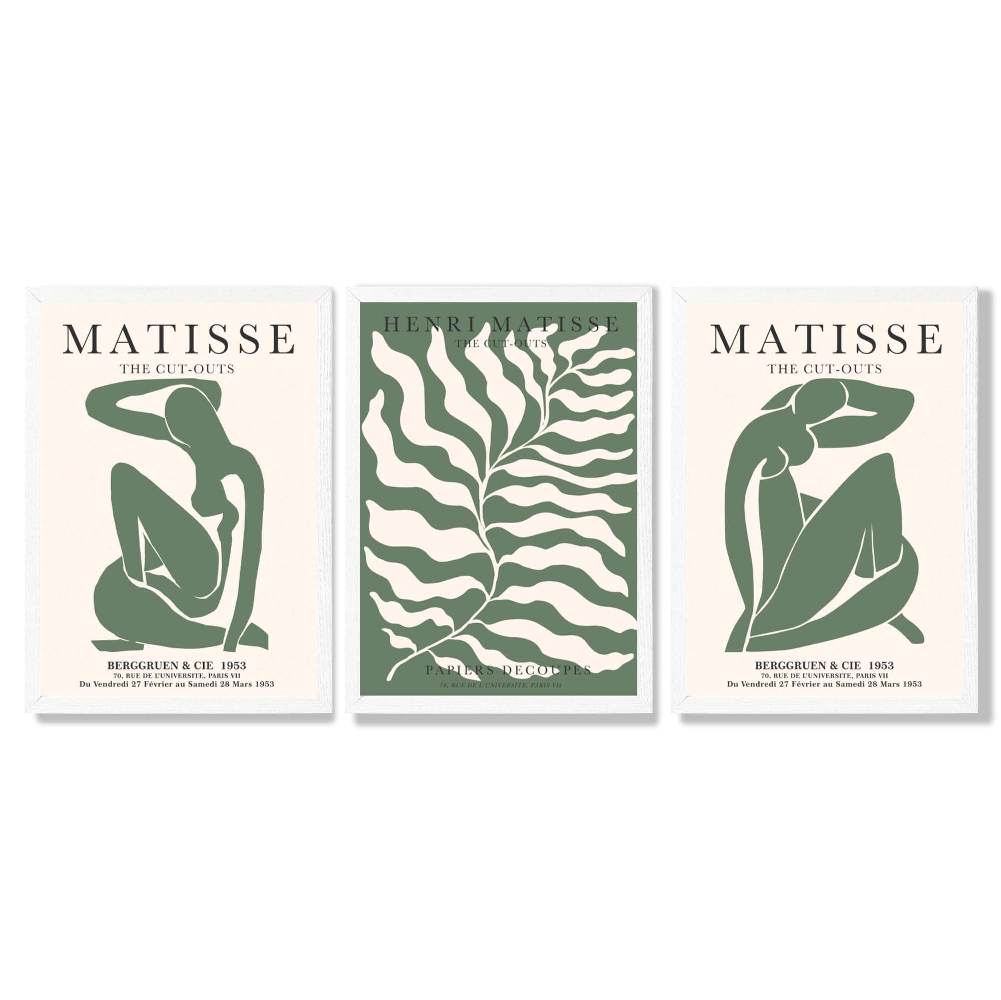 Matisse Female Silhouette and Botanical Set of 3 Green Framed Wall Art with White Wooden Frames